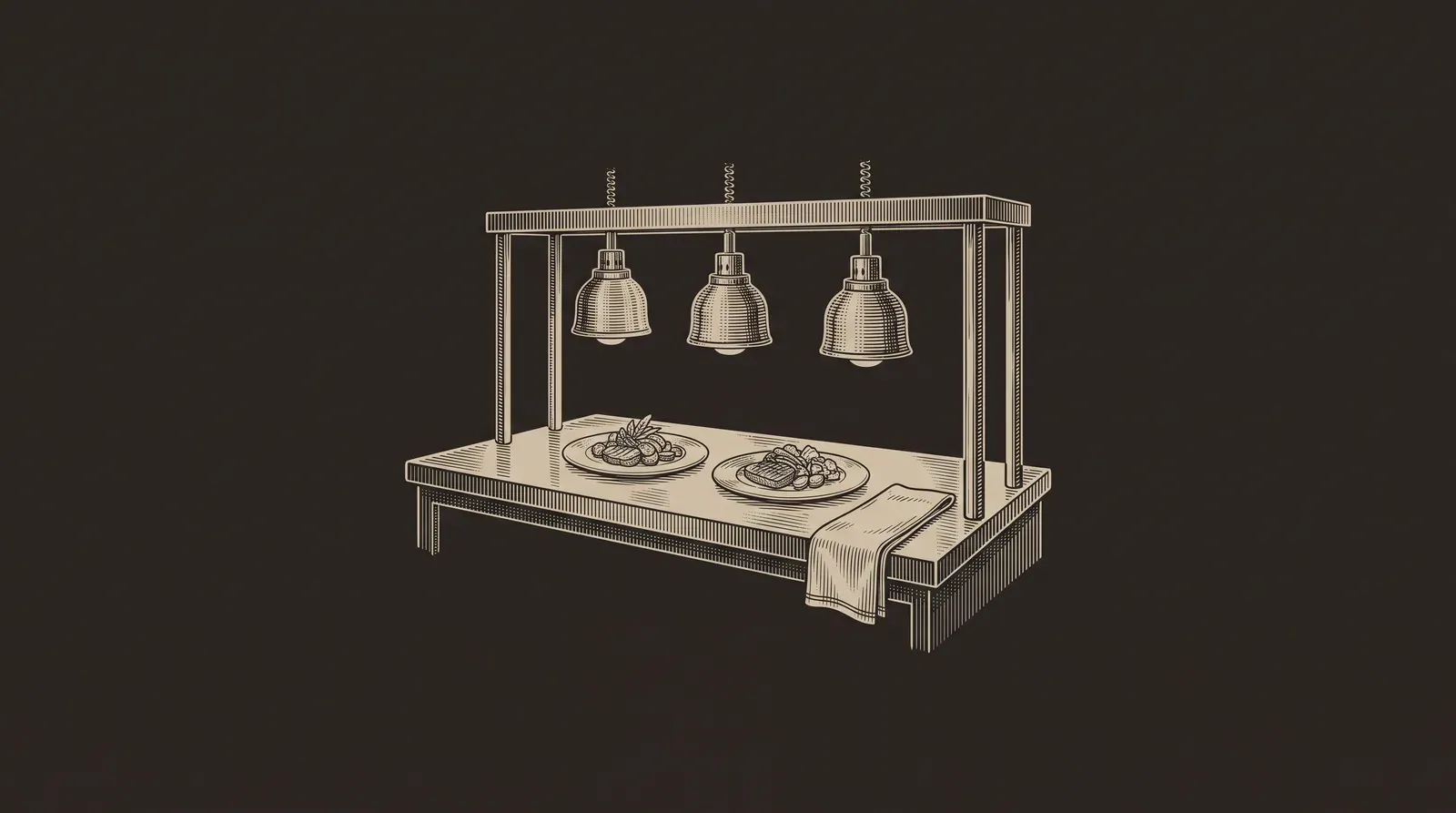 Engraved illustration of a kitchen pass: three heat lamps over a counter with two plated dishes waiting and a folded cloth