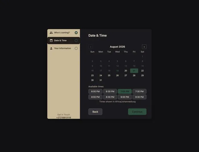 Booking widget, date and time step